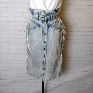 Vintage Acid Wash, Paperbag Waist Pencil Skirt w/ Leather Fringe By Don't Stop